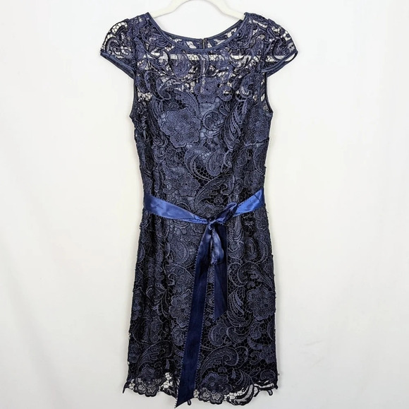 ADRIANNA PAPELL Illusion Cap Sleeve Floral Lace Satan Belt Tie Waist Dress sz.6 - Picture 4 of 15